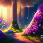 Enchanting forest with purple flora, fairy houses, mystical glow, and sunbeams.