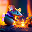 Mouse with butterfly wings and lantern in magical forest illustration