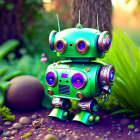 Whimsical green robot with big eyes and antennae among rocks and plants