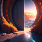 Circular doorway reveals mountain landscape at sunset