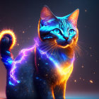 Neon Outlined Cat in Electric Blue and Orange on Dark Background