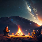 Nighttime campfire scene with starry sky and Milky Way galaxy above mountains