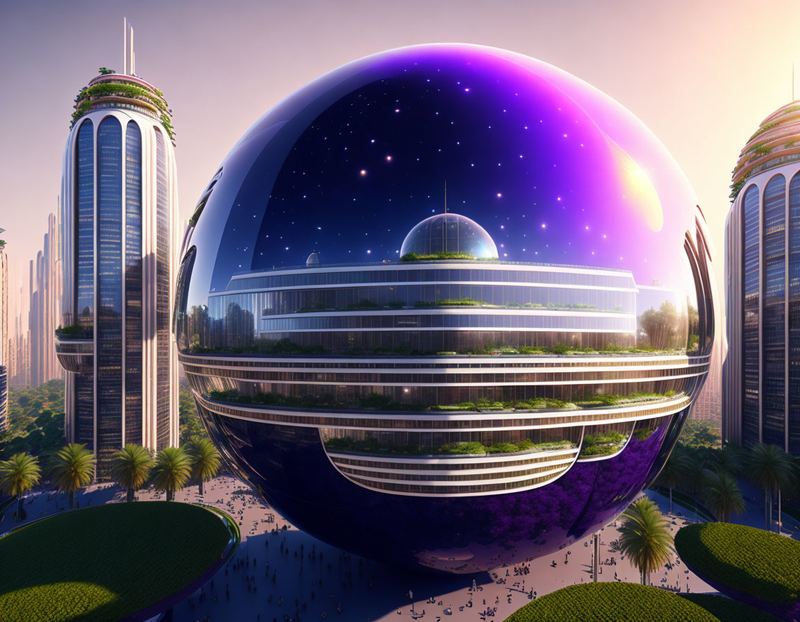 Futuristic cityscape featuring spherical cosmic building, skyscrapers, and greenery