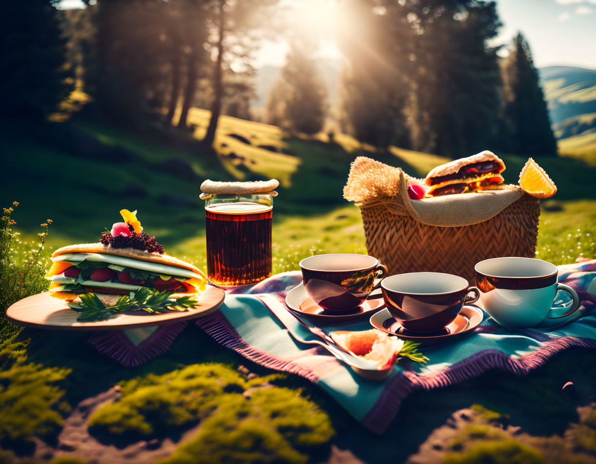 Sunny meadow picnic with sandwiches, fruit, drinks, and basket