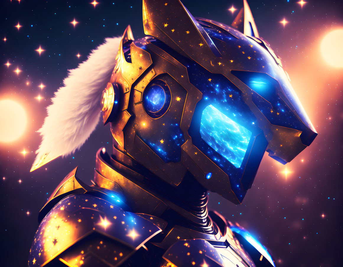 Armored futuristic figure with wolf-head helmet in space.