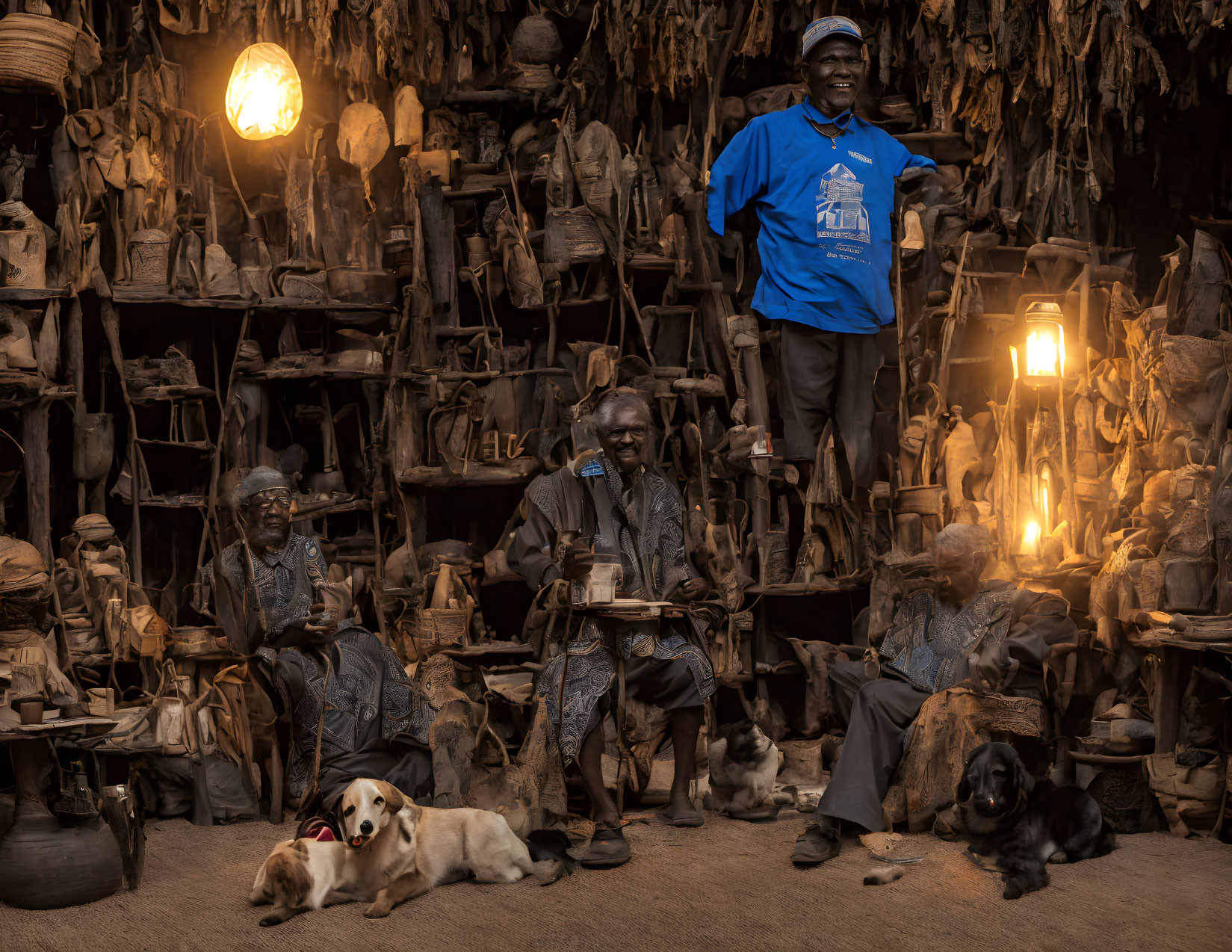 Elderly Individuals in Rustic Room with Wooden Sculptures and Dogs