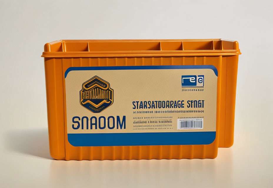 Orange Plastic Storage Container with Blue Cyrillic Label on White Background