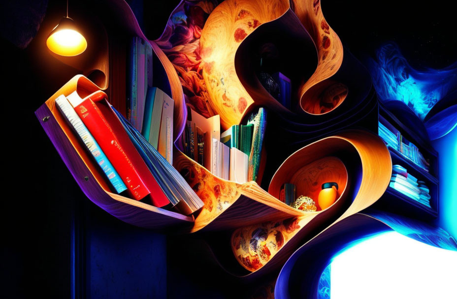 Colorful surreal digital artwork of twisted wooden shelves holding books