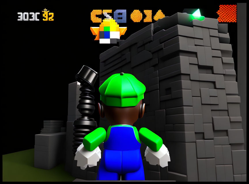 Stylized 3D image of character with chess piece and voxel castle