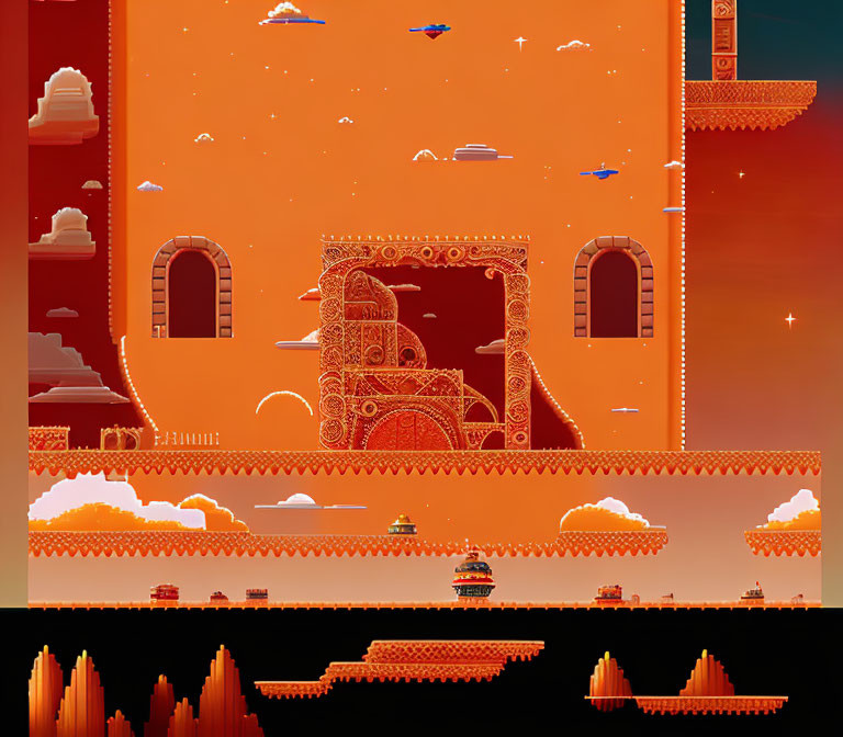 Orange and Red Pixel Art of Futuristic Landscape with Flying Vessels and Ornate Building