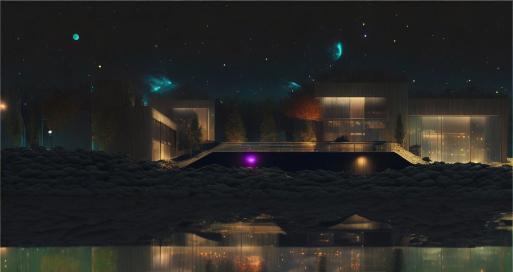 Contemporary glass houses illuminated by lake under starry night sky