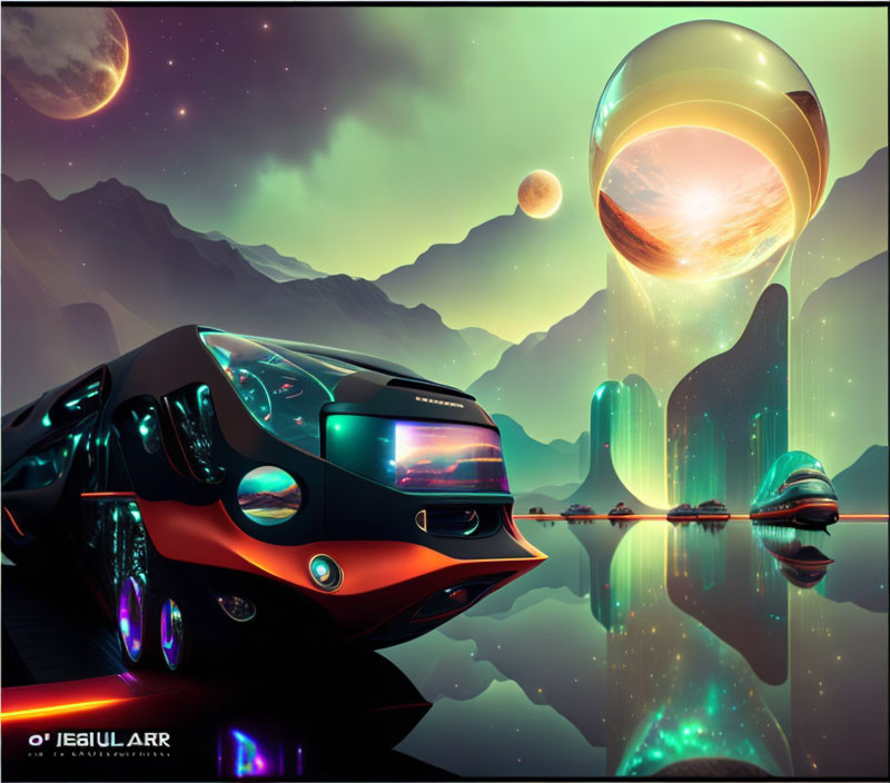 Futuristic vehicles and alien structures on vibrant surreal landscape