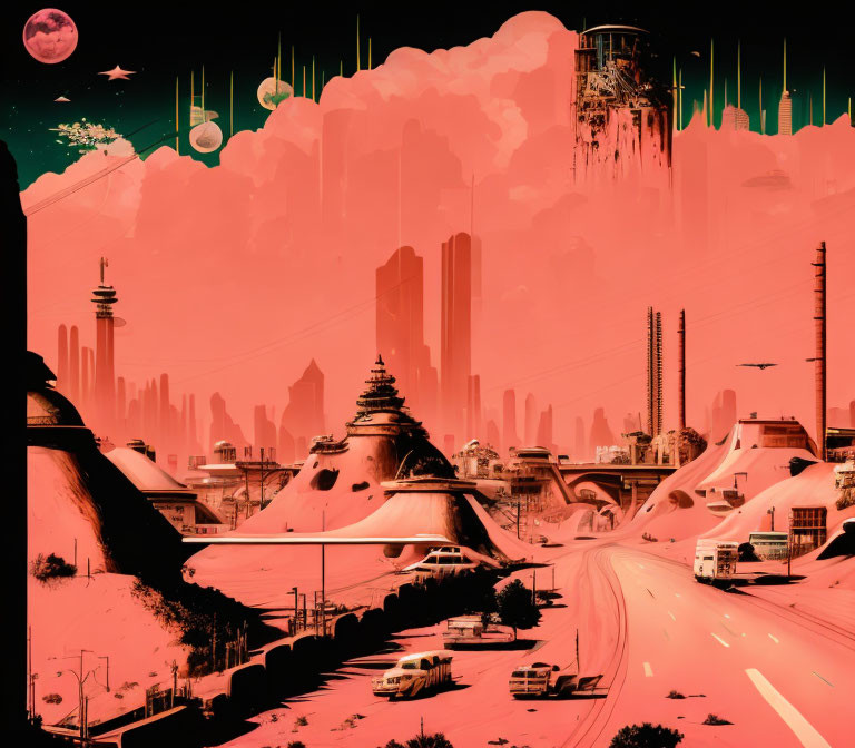 Futuristic red cityscape with skyscrapers, hanging structures, and celestial backdrop.