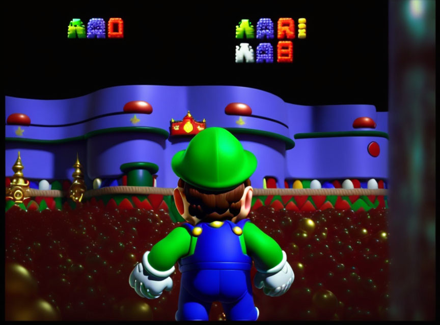 Back view of Luigi in colorful game world with classic video game text.