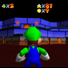 Back view of Luigi in colorful game world with classic video game text.