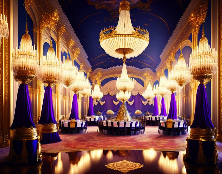 Opulent banquet hall with gold details, chandeliers, purple accents, and set tables