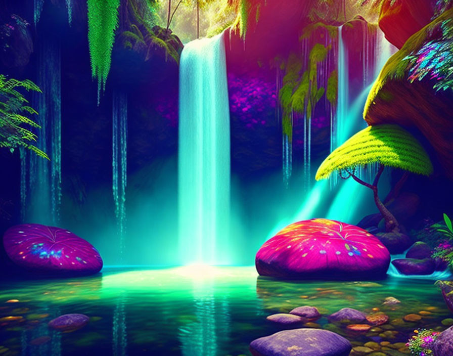 Fantasy waterfall digital artwork with vibrant colors