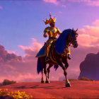 Regal armored figure on horse in purple fantasy landscape.