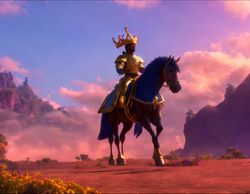 Regal armored figure on horse in purple fantasy landscape.