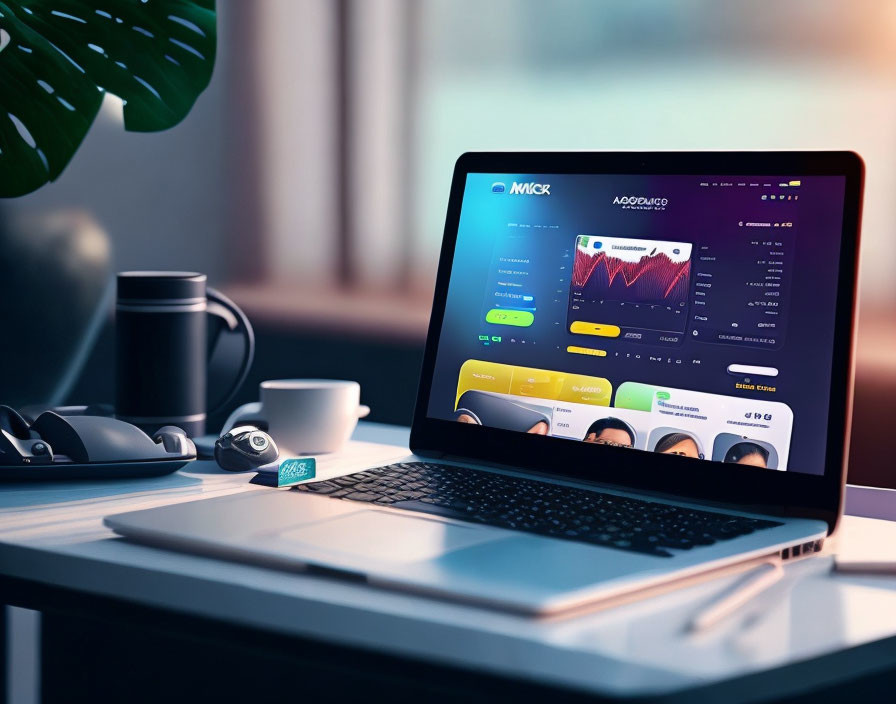 Colorful Graphs Displayed on Laptop with Headphones, Coffee Cup, Plant, and Window