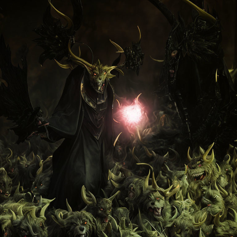 Dark Fantasy Scene with Figure in Black Robe and Glowing Orb surrounded by Menacing Creatures