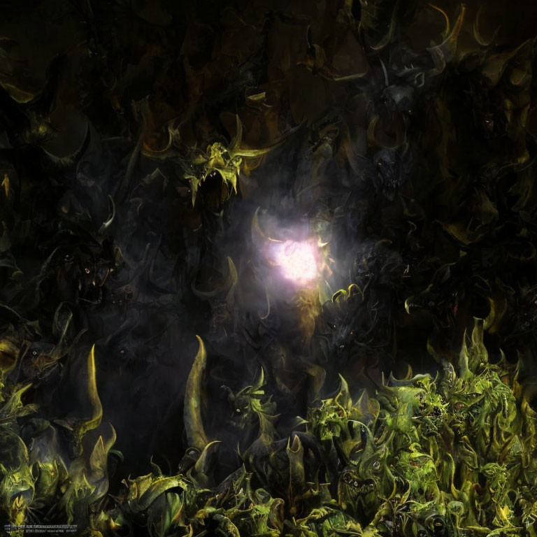 Fantasy Artwork: Dark, Ominous Scene with Glowing-Eyed Creatures