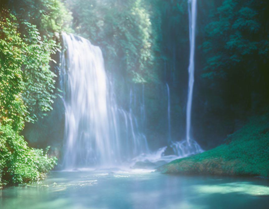 Tranquil waterfall surrounded by green foliage and sunlight mist