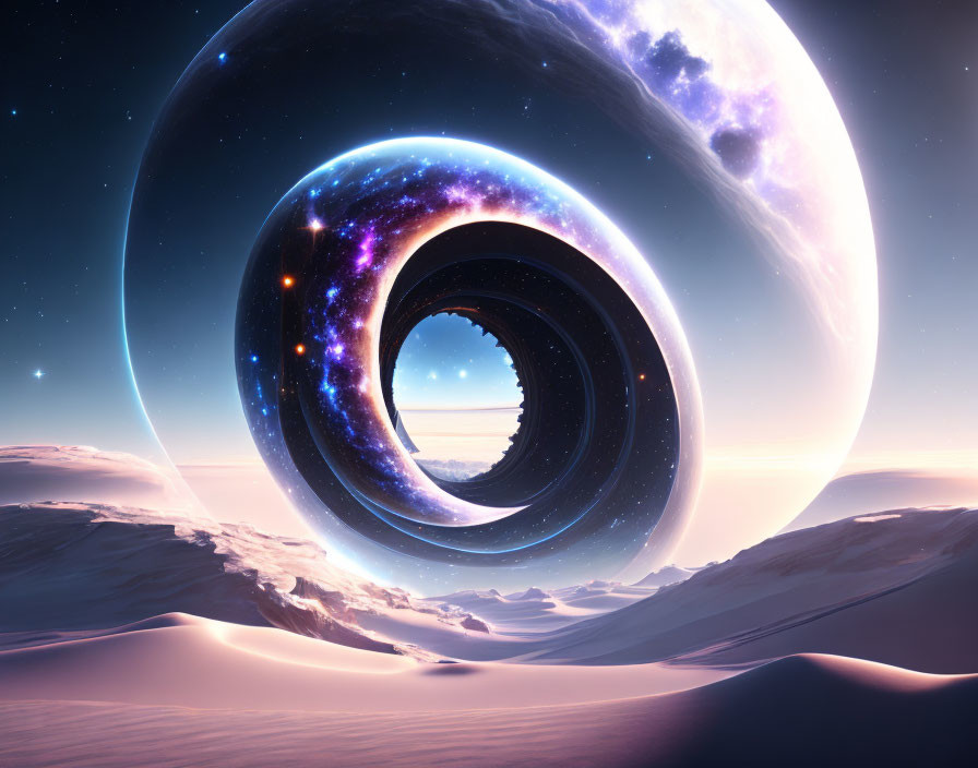 Surreal space scene with wormhole and icy landscape