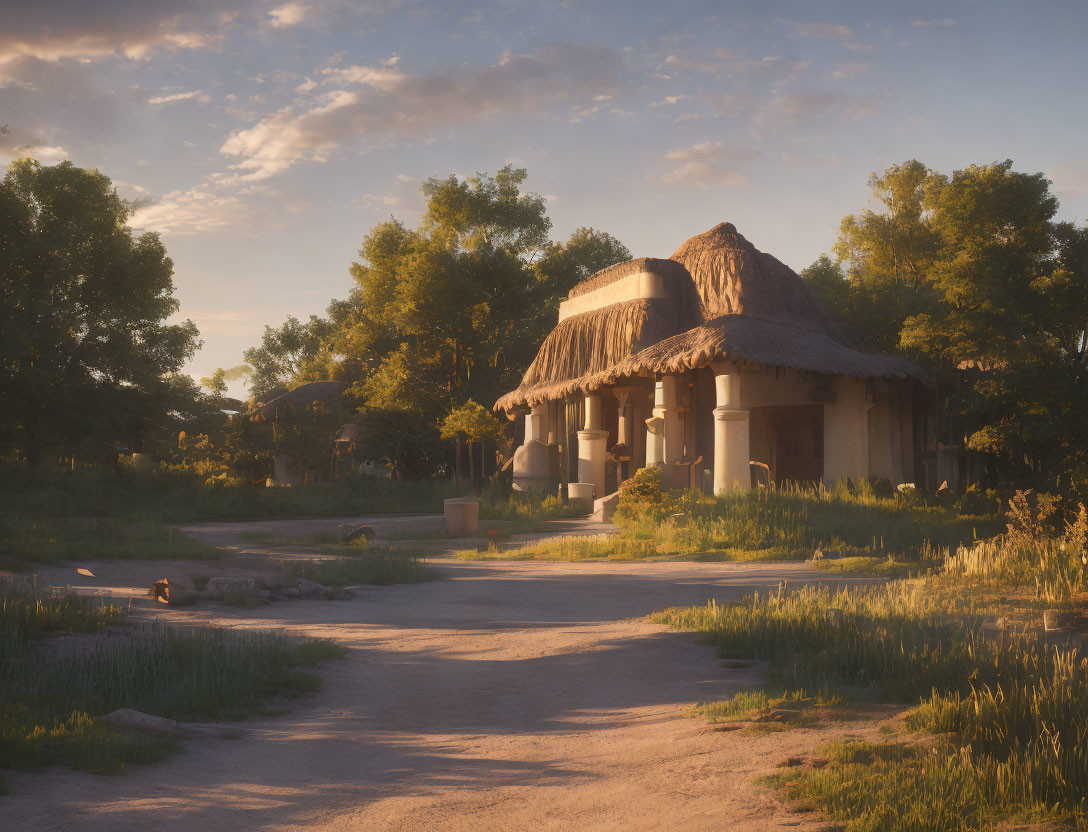 Thatched-roof building surrounded by lush greenery at golden hour