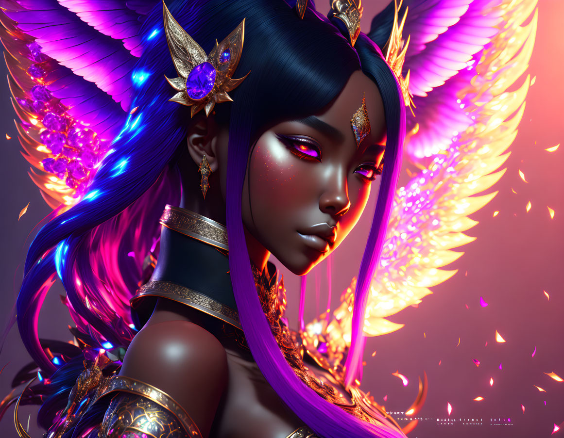 Fantastical digital artwork of dark-skinned female with violet hair and glowing wings