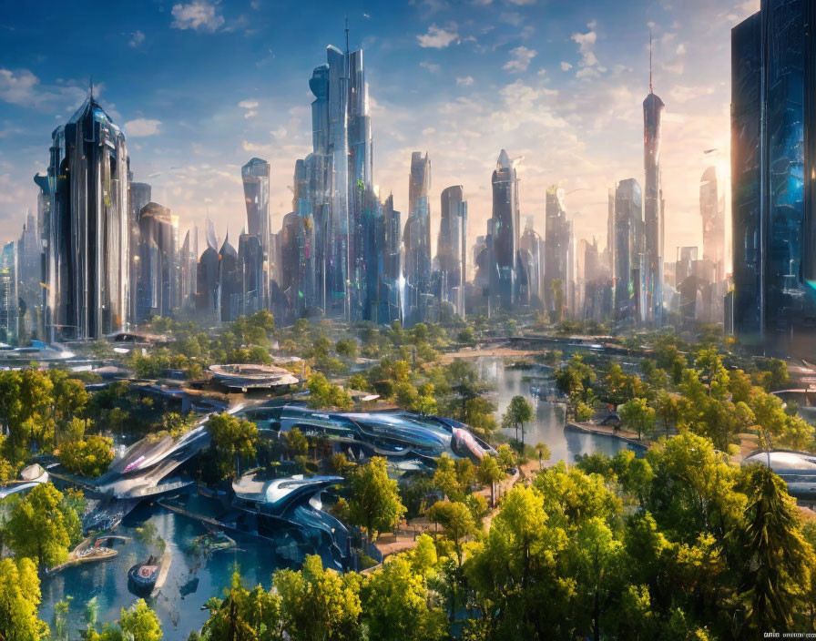 Futuristic cityscape with skyscrapers, greenery, waterways, and flying vehicles