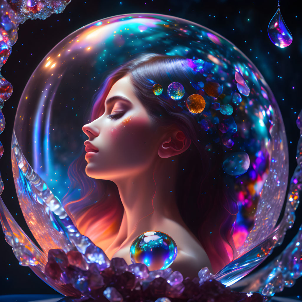 Colorful digital artwork of woman in bubble with gems and bubbles on dark background