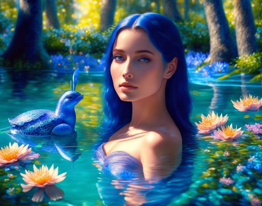 Surreal image: Woman with blue hair in vibrant forest with turtle and water lilies