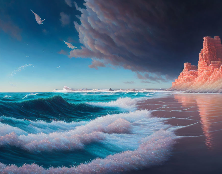 Tranquil seascape with rolling waves, red rock formations, and birds in partially cloudy sky