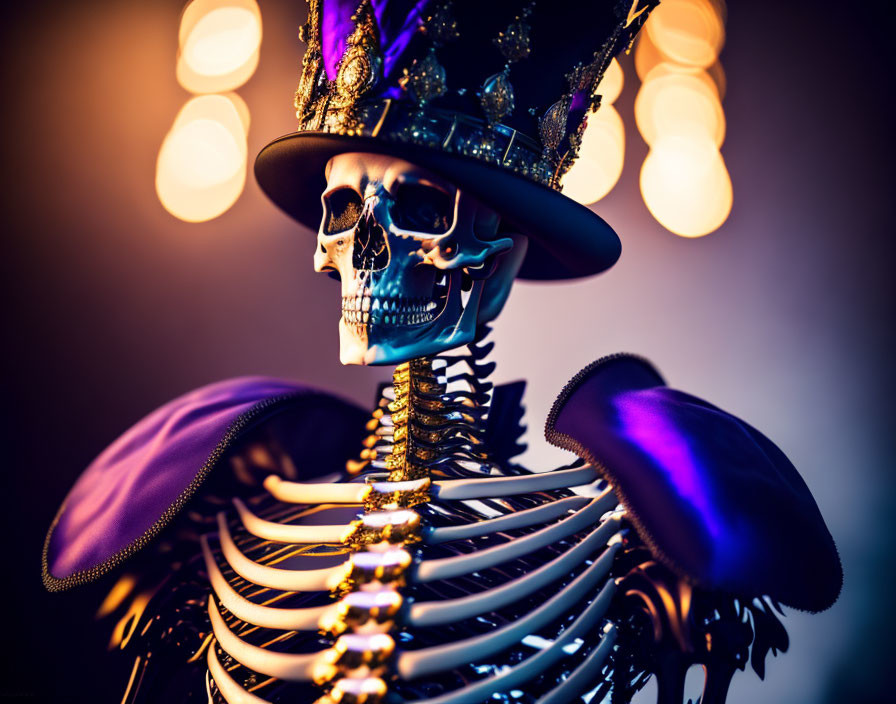 Decorated skeleton in hat and cloak with warm lights background