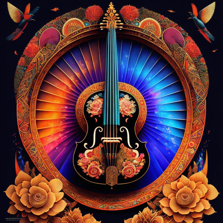 Colorful Guitar Illustration with Floral Patterns and Mandala on Dark Background