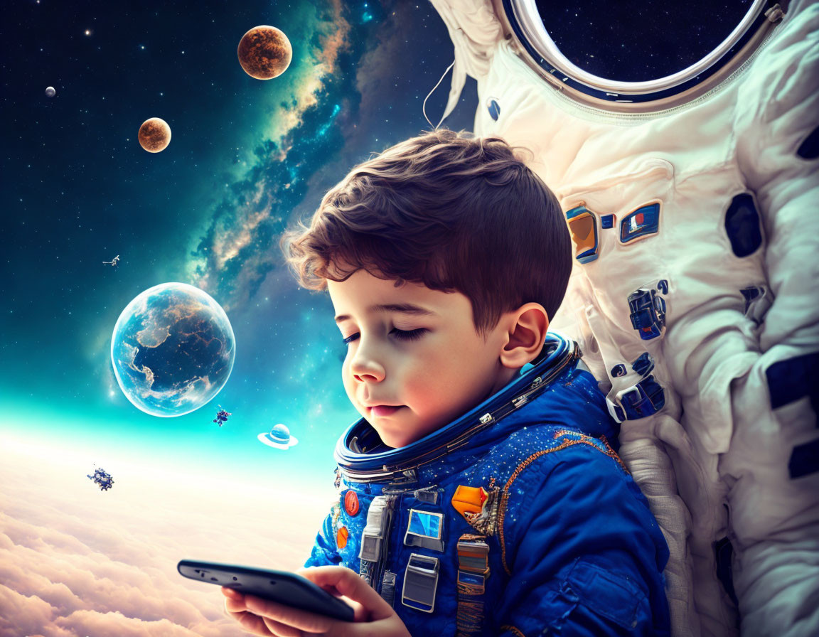 Young boy in astronaut suit gazes at smartphone displaying space scene.