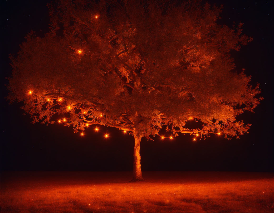 Majestic tree with warm lights in dark setting