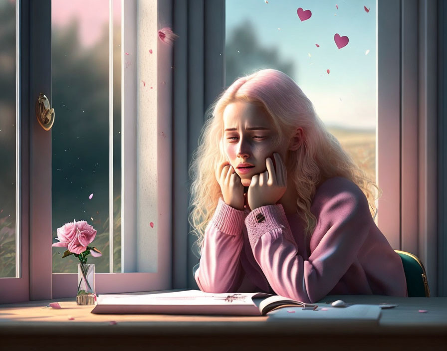 Woman Contemplating at Desk with Rose, Book, and Hearts