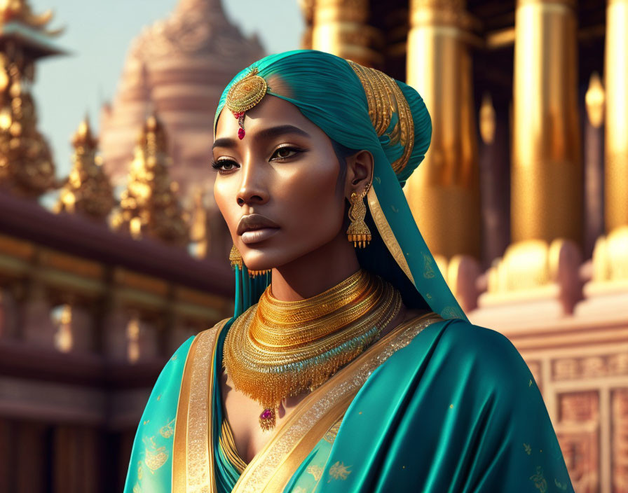 Woman adorned with golden jewelry and turquoise headscarf at traditional temple