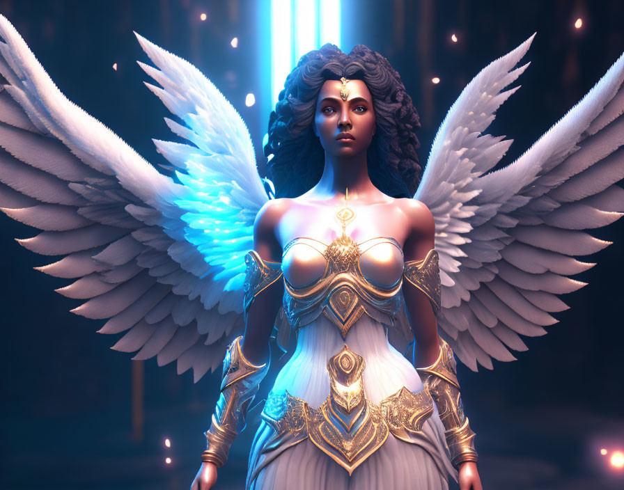 Majestic woman with glowing blue wings in detailed armor