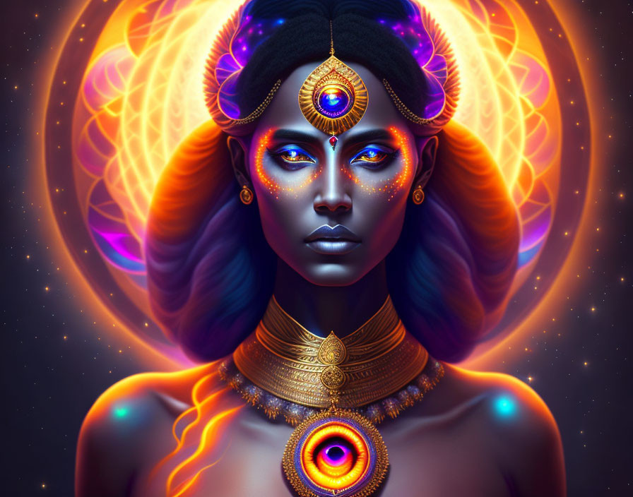 Blue-skinned woman with third eye and mandalas in golden jewelry