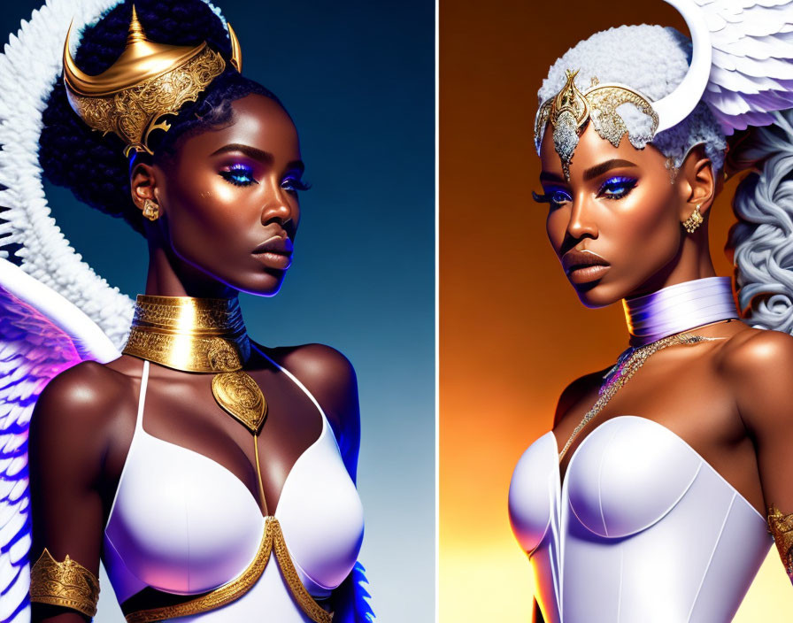 Stylized woman portraits with golden headpieces and angelic wings on blue backdrop