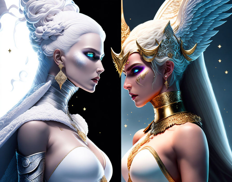 Fantasy female characters with moon and sun attire and ornate headdresses in cosmic setting