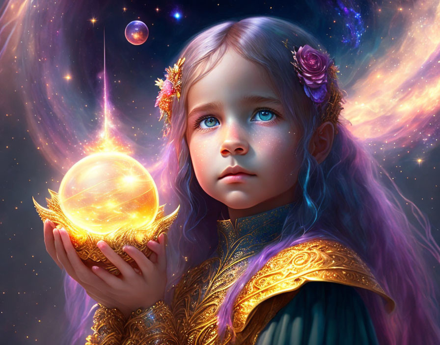 Young girl holding glowing orb in cosmic digital artwork