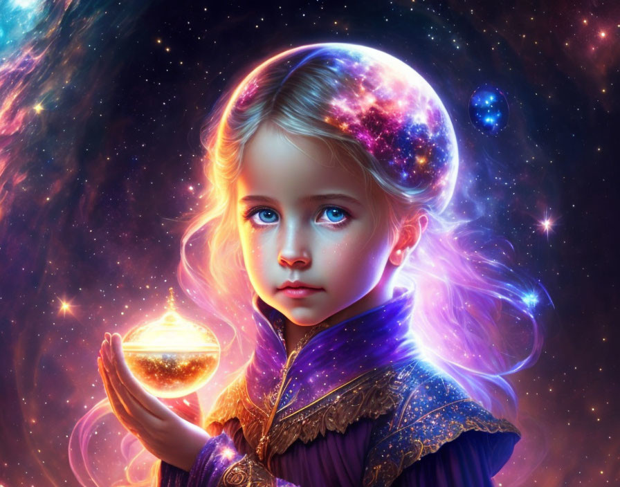 Young girl with cosmic hair holding lamp surrounded by stars