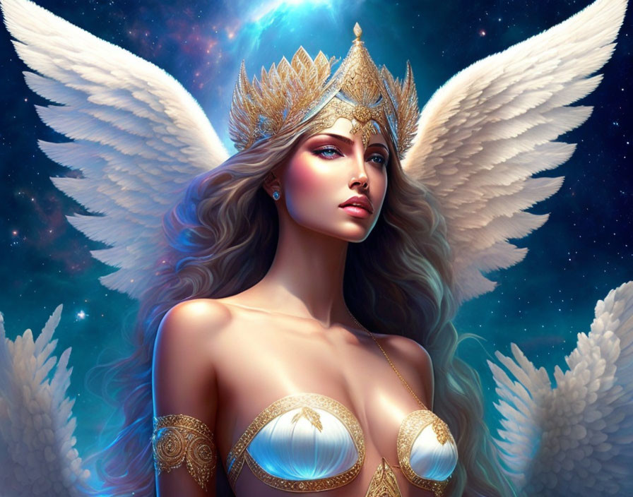 Ethereal angelic figure with long hair and white wings on starry backdrop