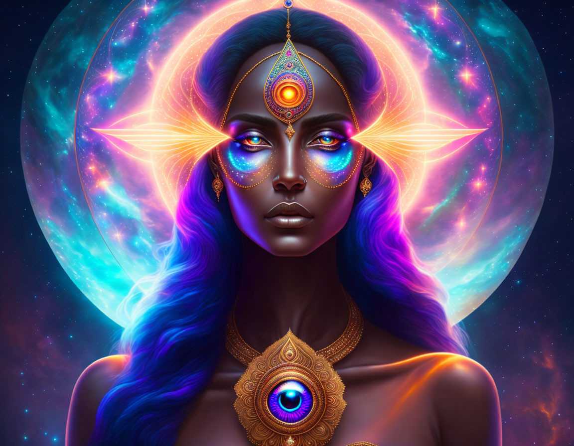 Blue-skinned woman with galaxy eyes and golden ornaments in cosmic setting.