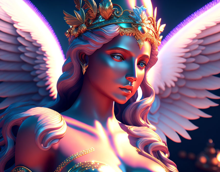 Celestial being digital illustration with white wings and golden crown