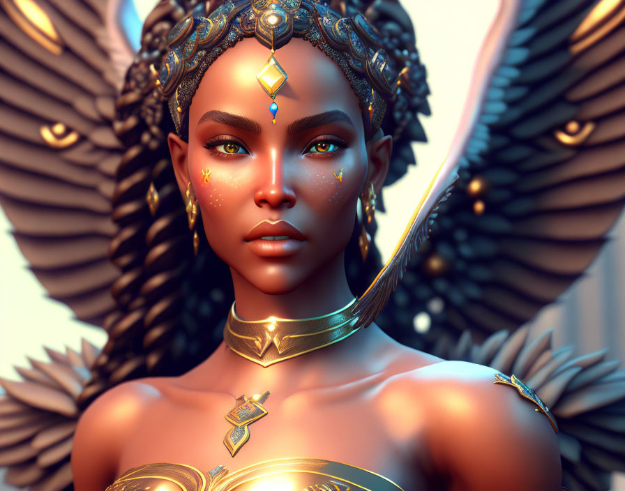 Dark-skinned woman in digital art with golden jewelry and wing-like elements on soft backdrop